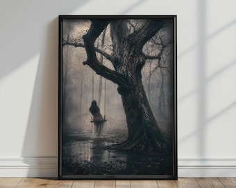 Gotische muurdecoratie - Print van een gothic vrouw op een schommel, spookachtig bos, heksenachtige muurdecoratie, sfeervolle donkere fantasyposter voor een duistere academische interieurstijl.
