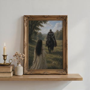 Fantasy poster featuring an armored knight on a black horse approaching a woman in a flowing gown in a sunlit meadow surrounded by trees.