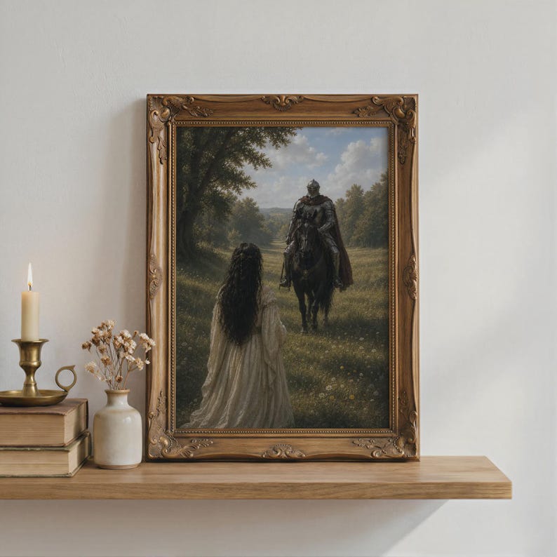 Fantasy poster featuring an armored knight on a black horse approaching a woman in a flowing gown in a sunlit meadow surrounded by trees.