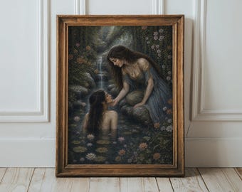 Sapphic Wall Art - Sensual Lesbian Couple in Lake Print, Romantic Fantasy Art, Water Nymph Artwork, Moody Poster, Dark Academia Home Decor