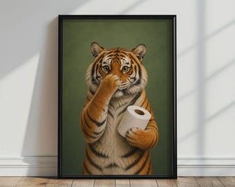Funny Tiger Bathroom Poster – Toilet Paper Wall Art, Wild Animal Print, Guest Bathroom Decor, Humorous Tiger Artwork, Tiger Lover Gift