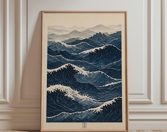 Art mural japonais - Estampe Ukiyo-e de vagues océaniques, art côtier bleu, œuvre d'art traditionnelle japonaise, affiche zen pour la décoration intérieure de style Japandi