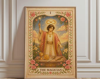 Spirituele muurdecoratie, 1 De Magiër tarotkaart print, bloemen boho kunst met de Grote Arcana, mystieke botanische vintage poster, hemelse woondecoratie