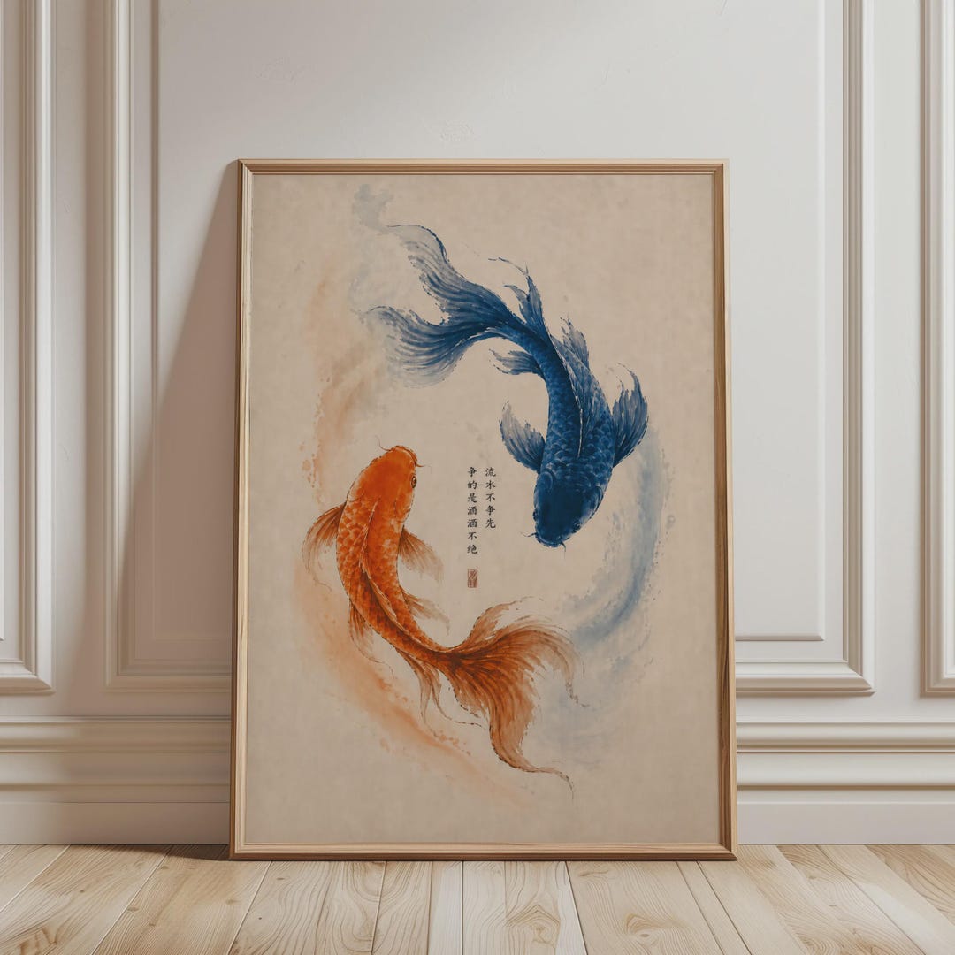 Japanese Wall Art - Minimalist Orange & Blue Koi Fish Print, Animal Yin ...