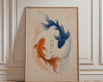 Art mural japonais - Impression minimaliste de carpes koï orange et bleues, art animalier Yin Yang, peinture aquarelle, affiche zen pour la décoration intérieure de style Japandi