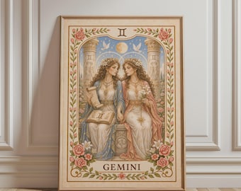 Spirituele muurdecoratie - Kunstprint met het sterrenbeeld Tweelingen, boho bloemenkunst, astrologische print, mystieke botanische vintage poster voor een hemelse woondecoratie