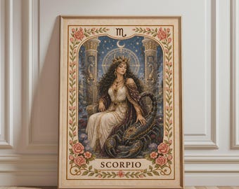 Spirituele muurdecoratie - Kunstprint met het sterrenbeeld Schorpioen, boho bloemenkunst, astrologische print, mystieke botanische vintage poster voor een hemelse woondecoratie