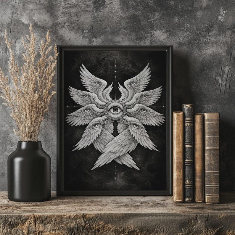 Black and white biblical angel wall art featuring a many-winged seraphim form with eyes in the wings and a central all-seeing eye on a dark celestial background.