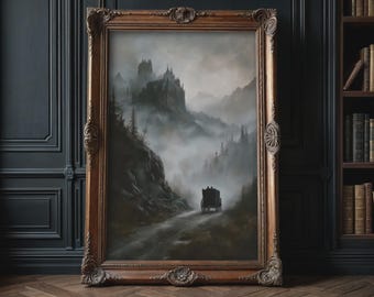 Gothic Wall Art - Road to Dracula Castle Print, Dark Fantasy Art, Misty Mountain Art, Occult Moody Poster for Dark Academia Home Decor