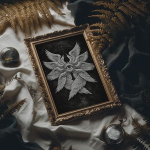 Black and white biblical angel wall art featuring a many-winged seraphim form with eyes in the wings and a central all-seeing eye on a dark celestial background.