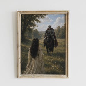 Fantasy poster featuring an armored knight on a black horse approaching a woman in a flowing gown in a sunlit meadow surrounded by trees.
