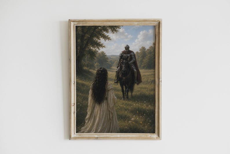 Fantasy poster featuring an armored knight on a black horse approaching a woman in a flowing gown in a sunlit meadow surrounded by trees.