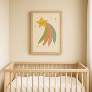 Shooting Star Wall Art – Boho Rainbow Nursery Print, Cute Star Poster for Kids Room, Celestial Playroom Digital Download