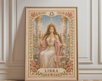 Spirituele muurdecoratie - Kunstprint met het sterrenbeeld Weegschaal, boho bloemenkunst, astrologische print, mystieke botanische vintage poster voor een hemelse woondecoratie
