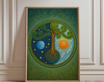 Levensboom Muurdecoratie - Spirituele Print, Boho Zon en Maan Kunst, Sterrennacht Print, Mystieke Botanische Mandala Poster voor Hemelse Woondecoratie