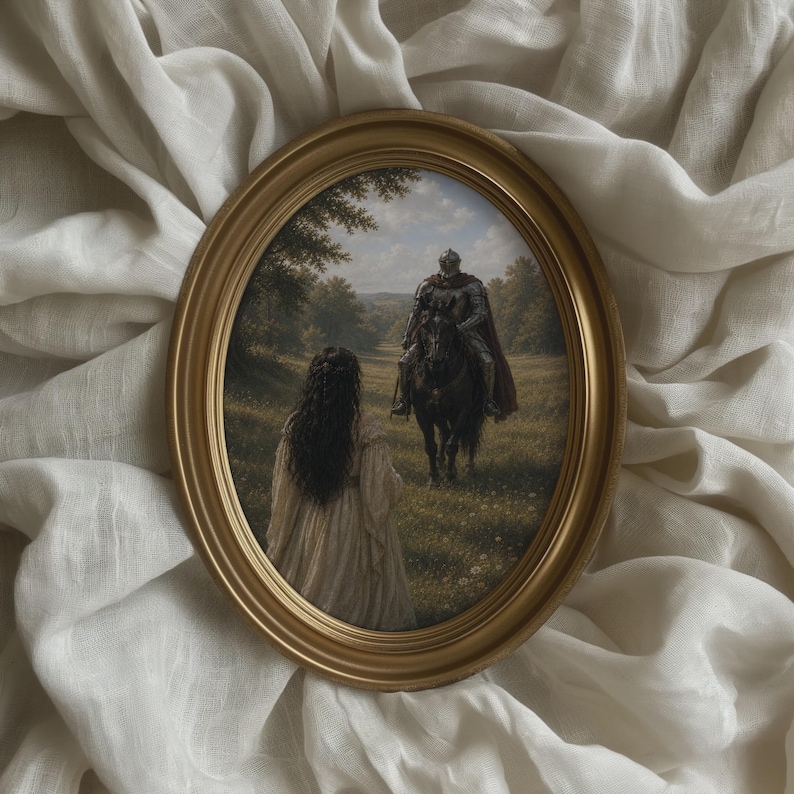 Fantasy poster featuring an armored knight on a black horse approaching a woman in a flowing gown in a sunlit meadow surrounded by trees.