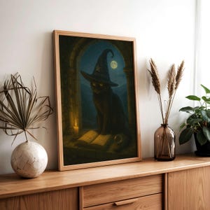 Witch Cat Wall Art – Dark Fantasy Halloween Print for Gothic Home Decor, Magical Moon Poster, Mystical Black Cat Art