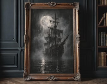 Ghost Ship Wall Art – Gothic Pirate Ship Poster, Dark Ocean Print, Full Moon Nautical Decor, Haunted Ship Artwork, Dark Fantasy Wall Art