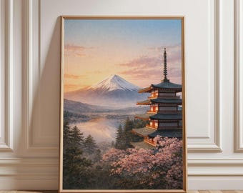 Landscape Wall Art - Mount Fuji Pagoda Tower Print, Cherry Blossom Tree Art, Romantic Serene Nature Art, Calming Japanese Misty Lake Poster