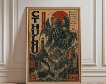 Retro Muurdecoratie - Vintage Cthulhu Mythos Print, Reusachtig Fantasy Zeemonster Kunstwerk, Lovecraftiaans Kunstwerk, Horrorposter voor Retro Huisdecoratie