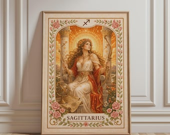 Spirituele muurdecoratie - Kunst met het sterrenbeeld Boogschutter, boho bloemenkunst, astrologische print, mystieke botanische vintage poster voor hemelse huisdecoratie