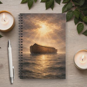 May include: Spiral-bound notebook featuring an image of Noah's Ark on water under a dramatic sky with sun rays. The notebook is surrounded by lit candles and greenery on a wooden surface. A white pen is also present.