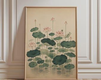 Botanical Wall Art - Lotus Flower Print, Minimalist Pink Japanese Flower Illustration, Nature Zen Artwork, Floral Poster, Japandi Home Decor