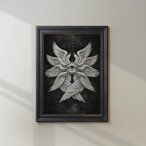 Black and white biblical angel wall art featuring a many-winged seraphim form with eyes in the wings and a central all-seeing eye on a dark celestial background.