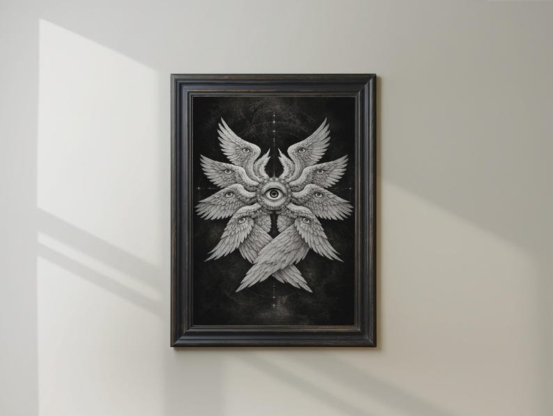 Black and white biblical angel wall art featuring a many-winged seraphim form with eyes in the wings and a central all-seeing eye on a dark celestial background.