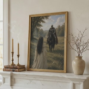 Fantasy poster featuring an armored knight on a black horse approaching a woman in a flowing gown in a sunlit meadow surrounded by trees.