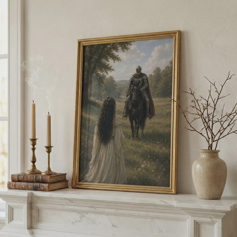 Fantasy poster featuring an armored knight on a black horse approaching a woman in a flowing gown in a sunlit meadow surrounded by trees.