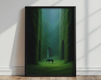 Moody Wall Art - Dark Horse Art Print, Gothic Ruins Garden Art for Bedroom, Enchanted Green Forest Poster, Minimalist Calm Wall Decor
