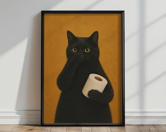 Grappige muurdecoratie voor de badkamer - Zwarte kat die zijn neus vasthoudt, retro kattenkunst, grappige toiletdecoratie, gezellige en eigenzinnige dierenposter voor de badkamer.