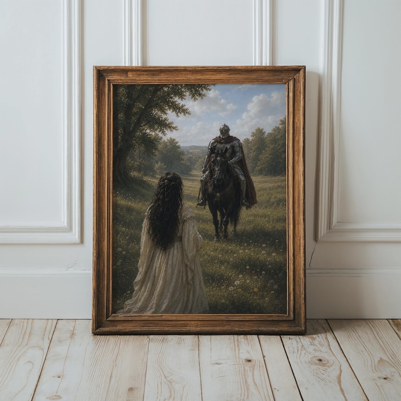 Fantasy poster featuring an armored knight on a black horse approaching a woman in a flowing gown in a sunlit meadow surrounded by trees.