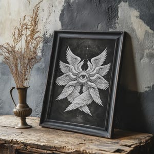 Black and white biblical angel wall art featuring a many-winged seraphim form with eyes in the wings and a central all-seeing eye on a dark celestial background.