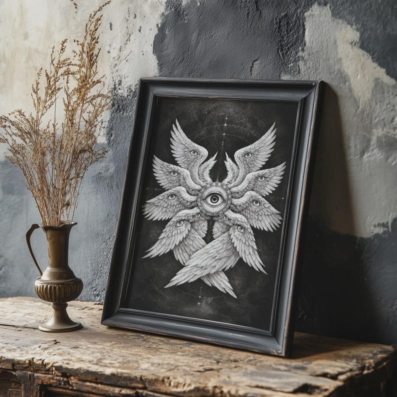 Black and white biblical angel wall art featuring a many-winged seraphim form with eyes in the wings and a central all-seeing eye on a dark celestial background.
