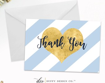 Navy Blue & Gold Thank You Card, Thank You card, Shower Thank You Card, Printable Thank You, Folded Thank You, 5x3.5 PDF Instant Download