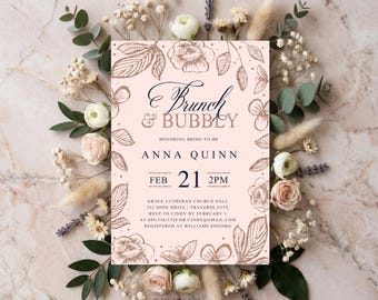 Editable Brunch and Bubbly Bridal Shower Invitation Template, Champagne Brunch Invite