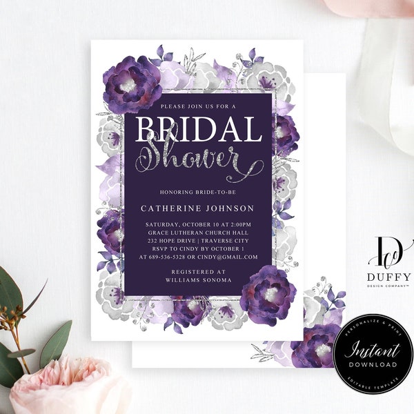 Purple Bridal Shower Invitation TEMPLATE, Floral Bridal Shower Invitation, Printable Bridal Shower Invitation, Editable Invitation, DBR001