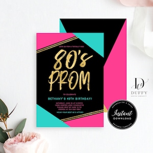 80's Prom Birthday Invitation Template, Neon Party (Instant Download)
