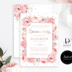 EDITABLE Blush Pink Quinceañera Invitation Template, Printable Quinceañera Birthday Party Invitation Template, Mis Quince, Instant Download