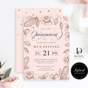 EDITABLE Blush Pink Quinceañera Invitation Template, Printable Quinceañera Birthday Party Invitation Template, Mis Quince, Instant Download