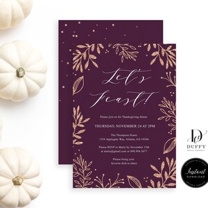 Floral Thanksgiving Invitation Template, Rose Gold Thanksgiving Dinner Invitation, Thanksgiving Feast invite, Give Thanks Invitation, DTH003