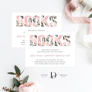 Apportez un livre au lieu d&#39;une carte, Livres pour carte de bébé, Une petite demande, Carte d&#39;insertion de livre, Carte d&#39;insertion de douche de bébé, Floral, Blush, Rose, Blanc