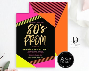 80's Prom Birthday Invitation Template, 80s Themed Neon Party Invitations, 80's Party Invitation, INSTANT DOWNLOAD, DBIR017