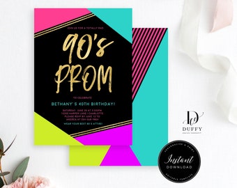 90's PROM Birthday Invitation Template, 90s Themed Neon Party Invitations, 90's Party Invitation, Prom Party,  INSTANT DOWNLOAD, DBIR018