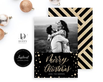 Editable Black Gold Christmas Photo Card, Holiday Photo Card, Photo Christmas Card, Holiday Card, Modern Christmas Card, DC003