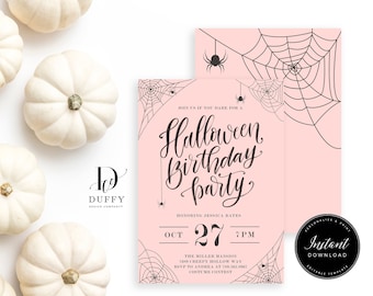 Pink Halloween Birthday Party Invitation TEMPLATE, Adult Costume Party Invite, Halloween Invite Kids, EDITABLE Printable Invitation, DBIR012