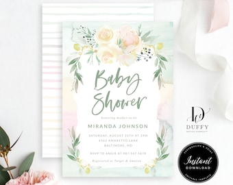 Gender Neutral Baby Shower Invitation Template, Greenery Baby Shower Invite, DB007