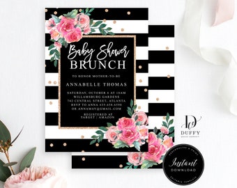 Black White Baby Shower Invitation TEMPLATE, Pink Floral Classy Baby Shower Invite, DB009